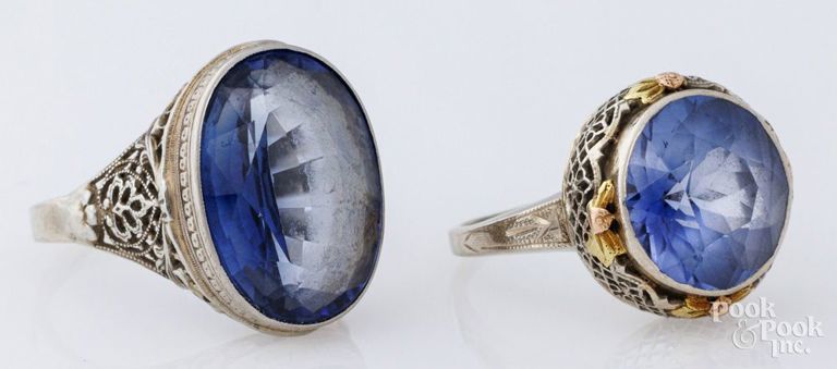 Two 14k gold synthetic sapphire rings
