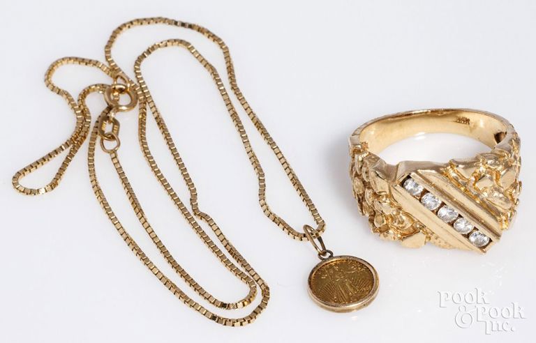 14k yellow gold diamond ring and 14k yellow gold coin pendant necklace