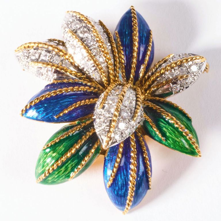 Tiffany & Co. 18k gold, enamel, and diamond brooch