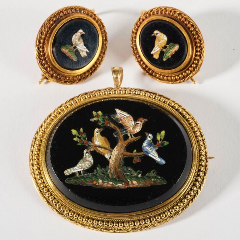 14k gold micro mosaic earrings and pendant/brooch