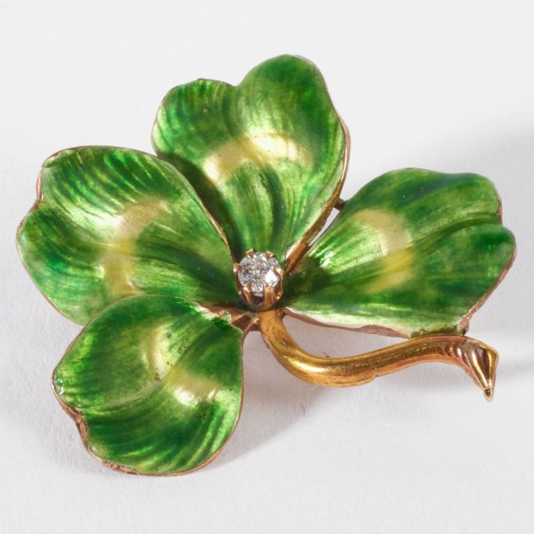 14k gold diamond enamel Art Nouveau four-leaf clover brooch