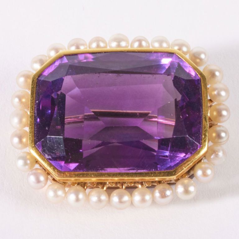 14k gold amethyst seed pearl Georgian brooch