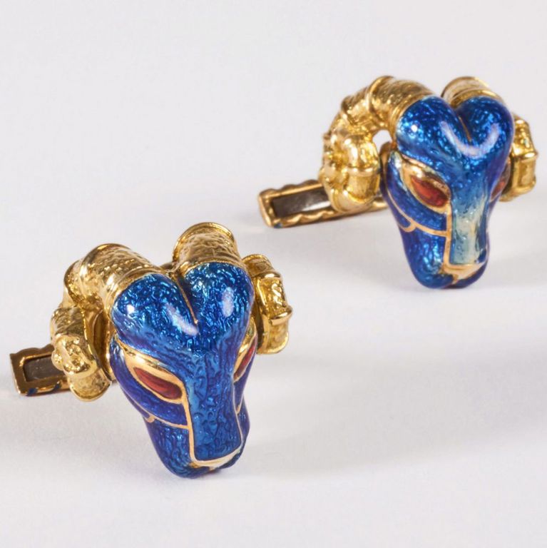 David Webb 18k gold and enamel Ram's Head cufflinks
