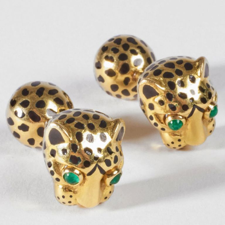 David Webb enameled 18k gold jaguar cufflinks with emerald eyes