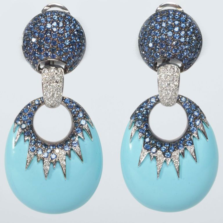 Craiger Drake 18k white gold, turquoise, sapphire, and diamond pendant earrings