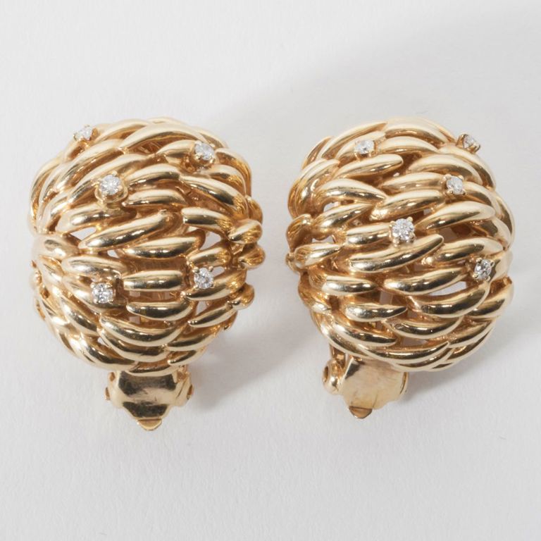 Pair of 14k gold and diamond domed earclips