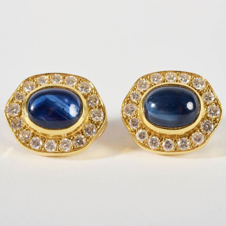 Pair of 18k gold, sapphire and diamond earrings