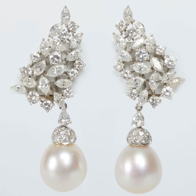 Marianne Ostier 14k white gold, diamond and pearl earrings