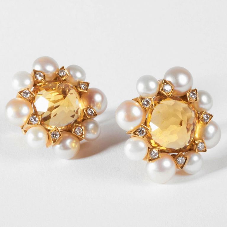 French 18k gold, citrine, pearl and diamond earclips
