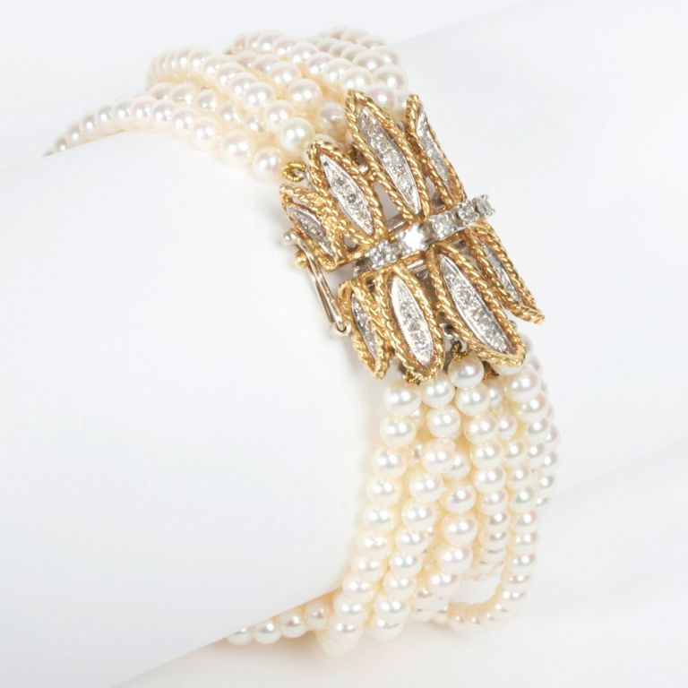 18k yellow gold, white gold, pearl and diamond bracelet