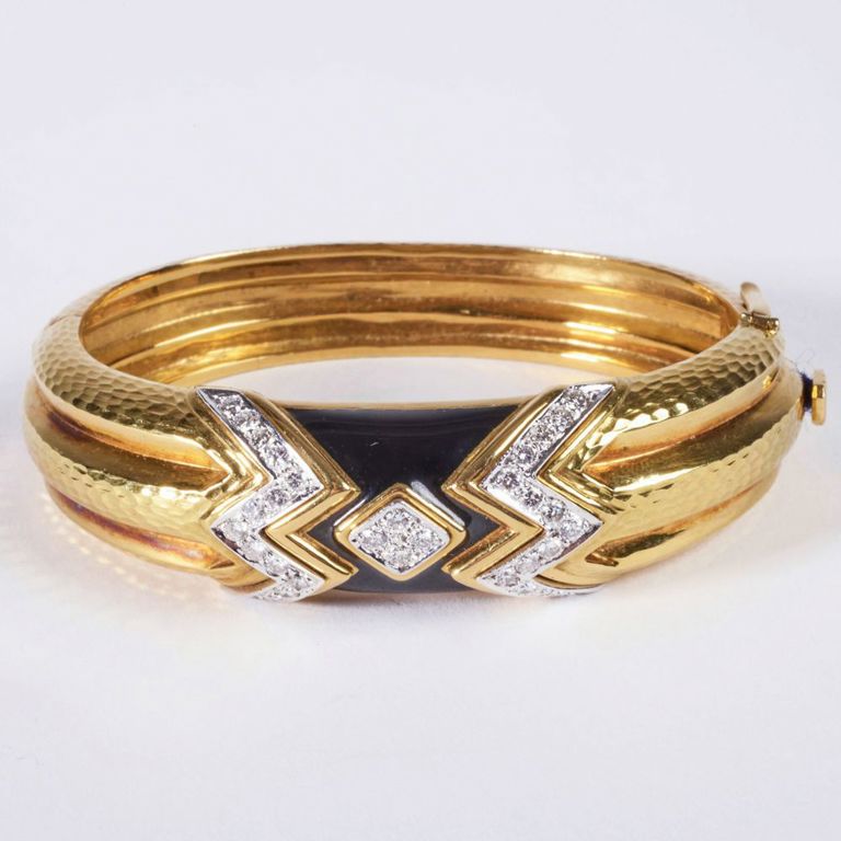 Andrew Clunn 18k gold, platinum, enamel and diamond bangle bracelet