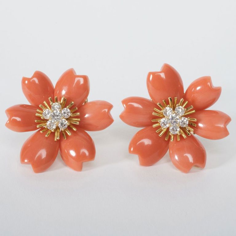 18k gold coral and diamond floral earclips
