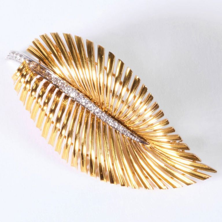 Boucher 18k gold and diamond leaf form brooch