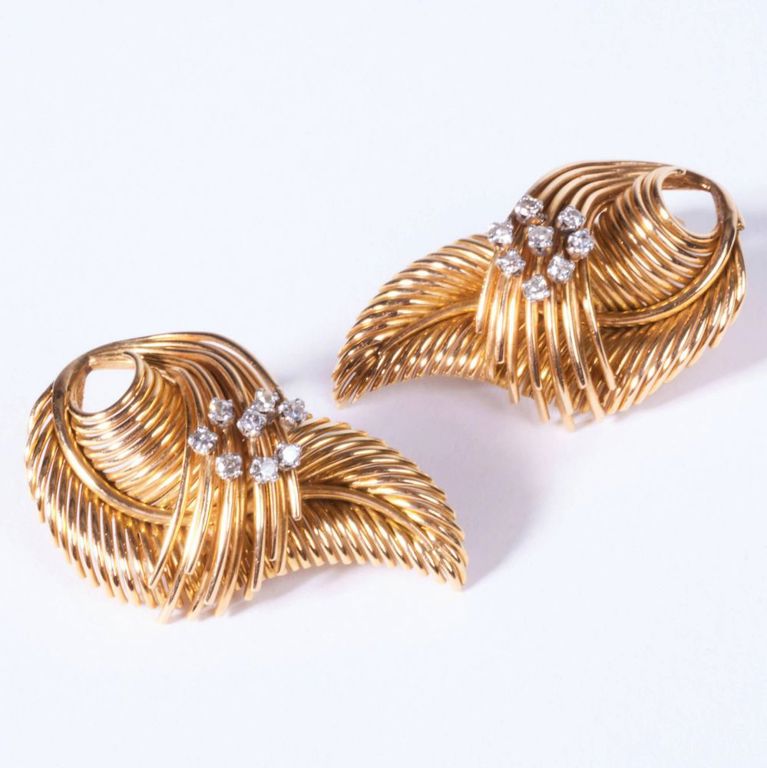 14k gold diamond leaf form earclips