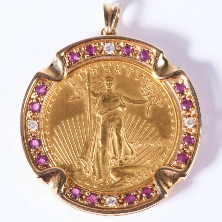 14k gold liberty coin pendant with rubies and diamonds