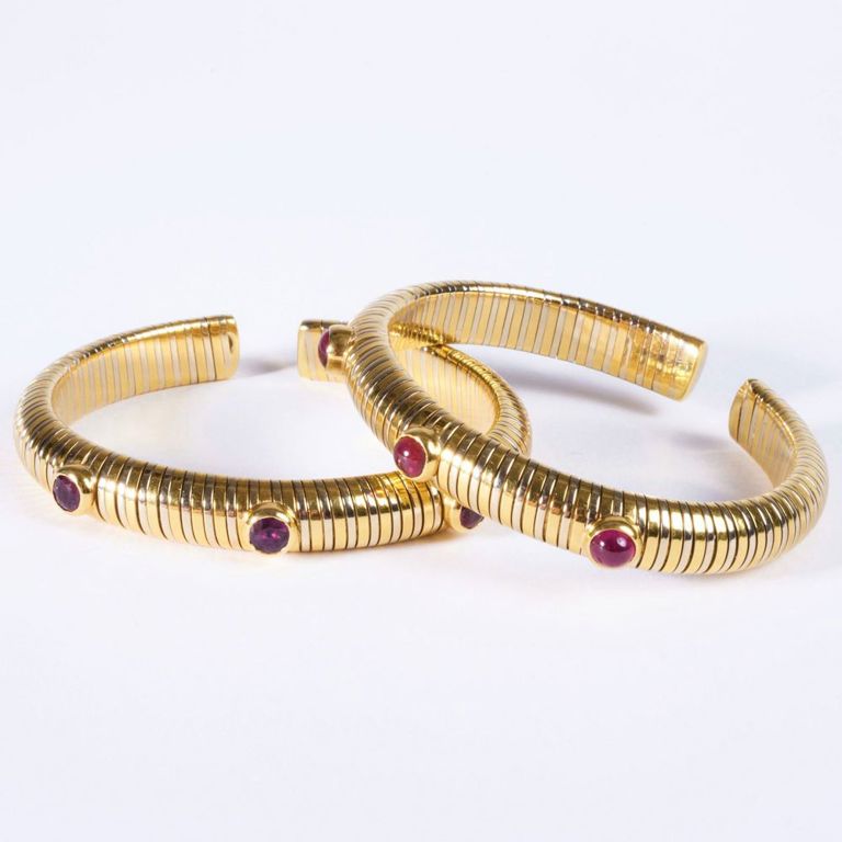 18k yellow gold and white gold ruby bangle bracelets