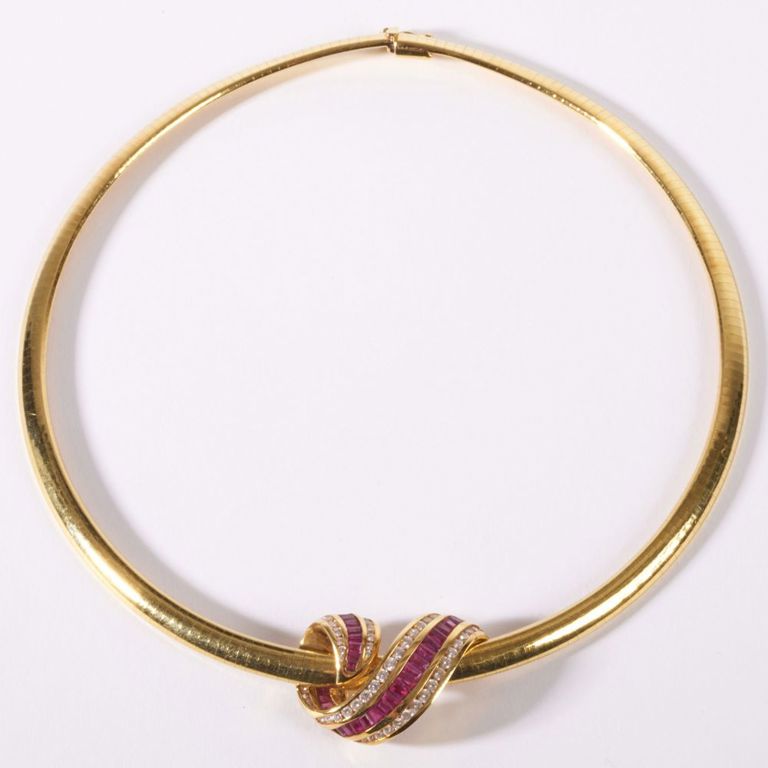 18k gold omega necklace with ruby and diamond slide