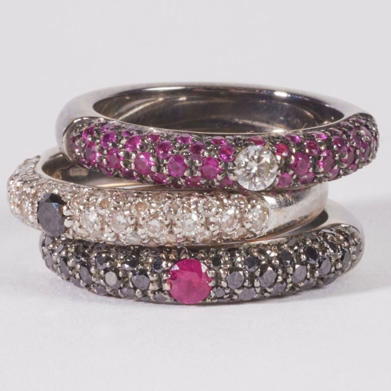 18k gold diamond onyx and ruby stacking rings