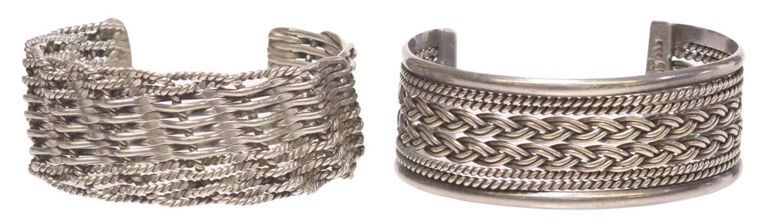 Woven sterling silver wide cuff bracelets, Mexico (set of 2)
