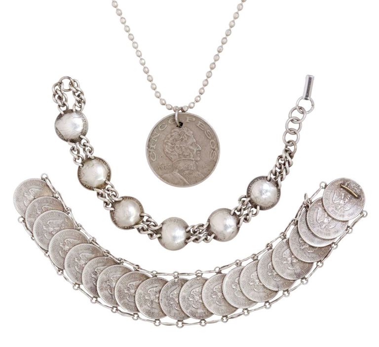 Bracelets and pendant fashioned from British and Mexican coins