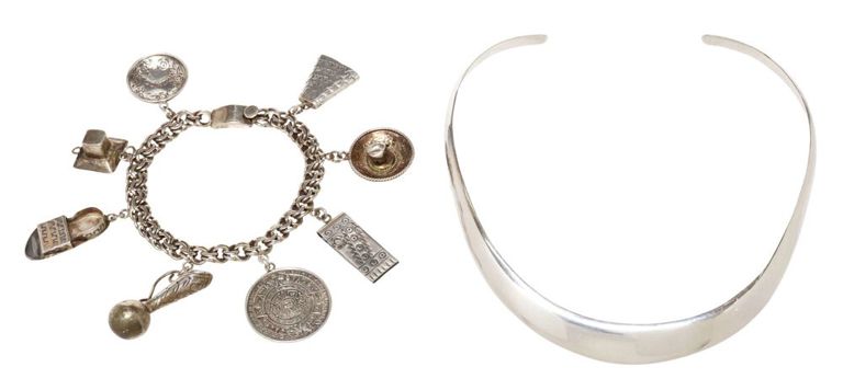 Mexico sterling silver collar necklace and charm bracelet (set of 2)