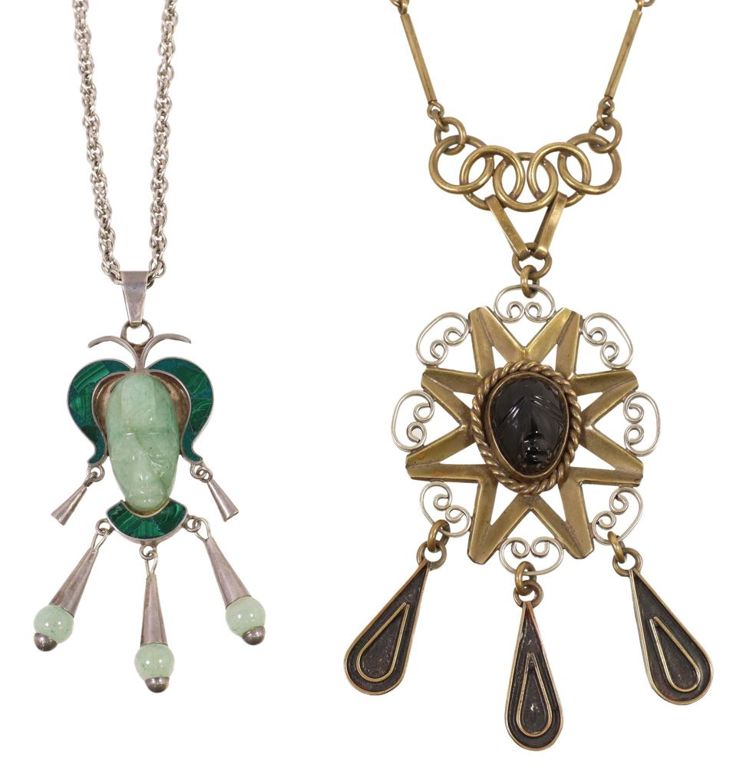 Taxco Mexico sterling silver, brass, hardstone pendant necklaces