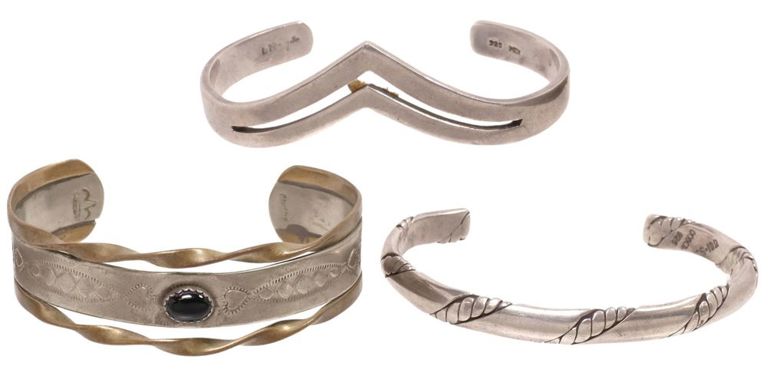 Southwest sterling silver, gilt metal cuff bracelets