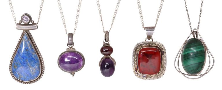 Estate silver, semiprecious gemstone pendant necklaces