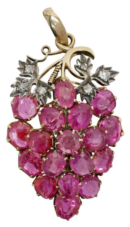 Antique estate gold-plated grape cluster pendant with diamonds and rubies