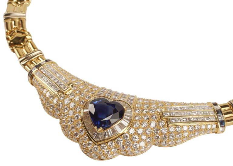 18k yellow gold heart sapphire diamond necklace