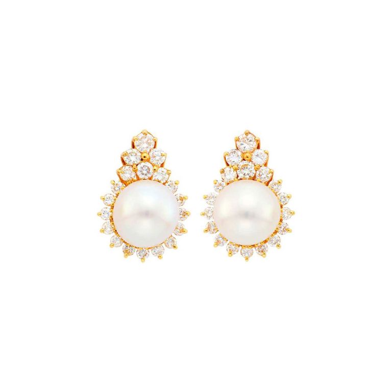 18k gold earrings with South Sea cultured pearls and diamonds