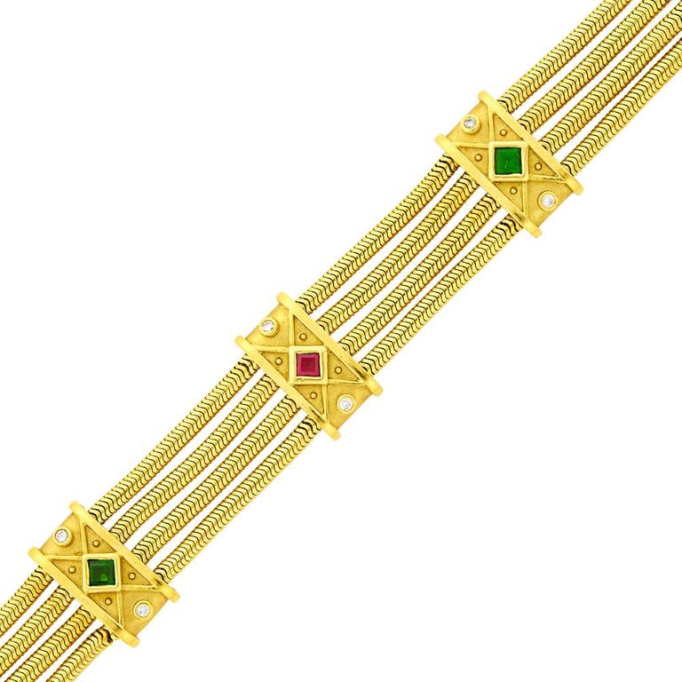 18k gold colored stone and diamond snake chain bracelet