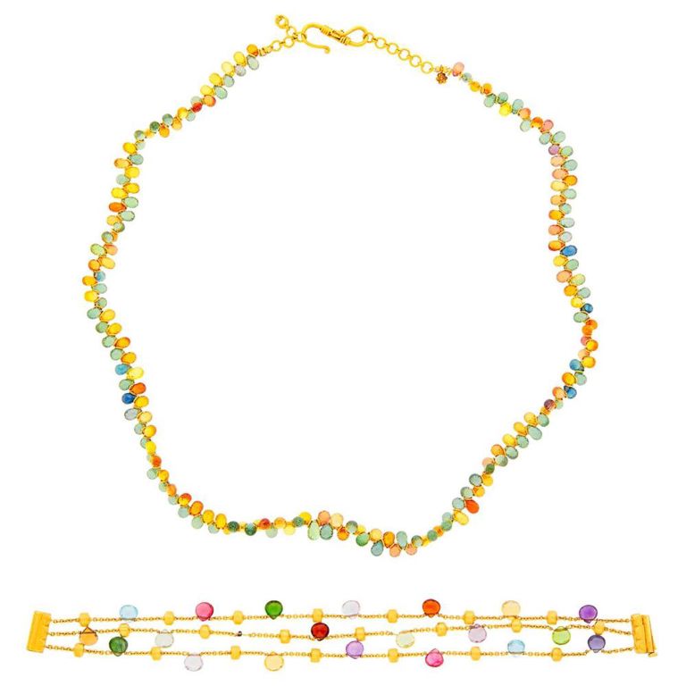 Gold multicolored sapphire briolette necklace and colored stone bracelet
