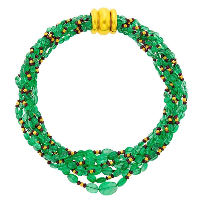 18k gold emerald and ruby bead torsade necklace