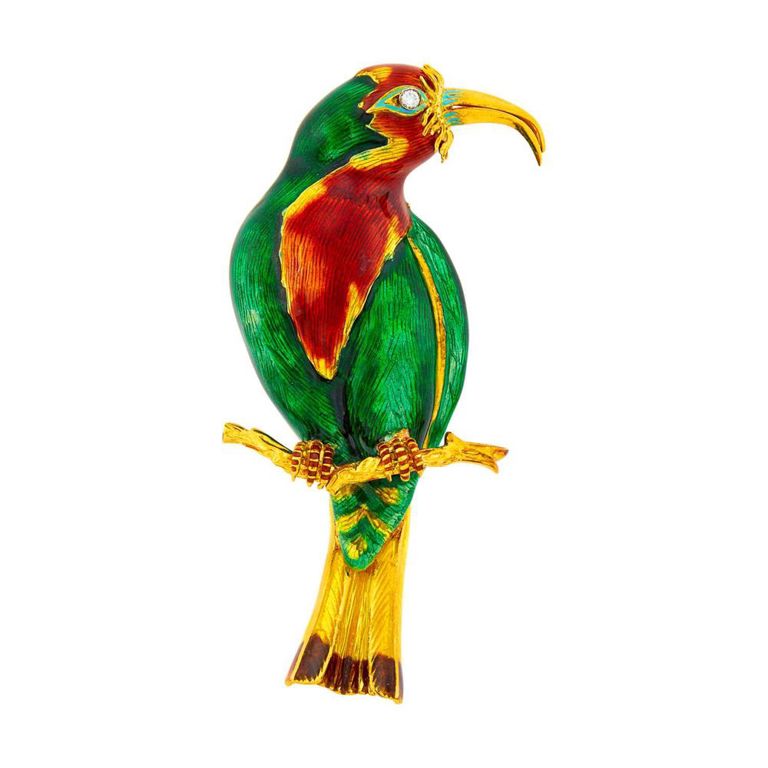 18k gold multicolored enamel and diamond bird clip-brooch