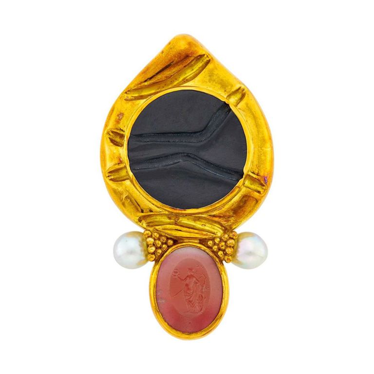 18k gold carnelian intaglio black hardstone and pearl brooch