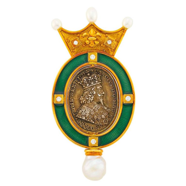 18k gold coin diamond pearl and green enamel brooch