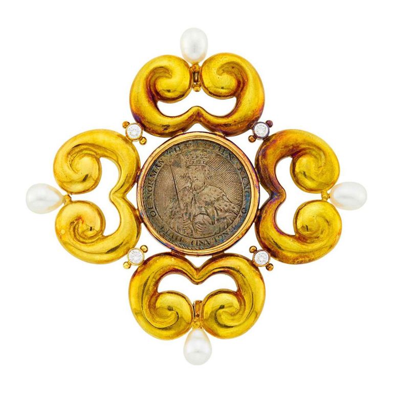 18k gold antique silver coin diamond and biwa pearl brooch