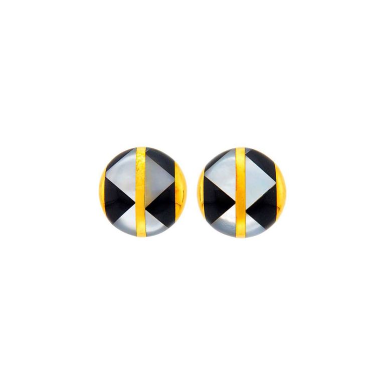 18k gold black jade and mother-of-pearl earclips