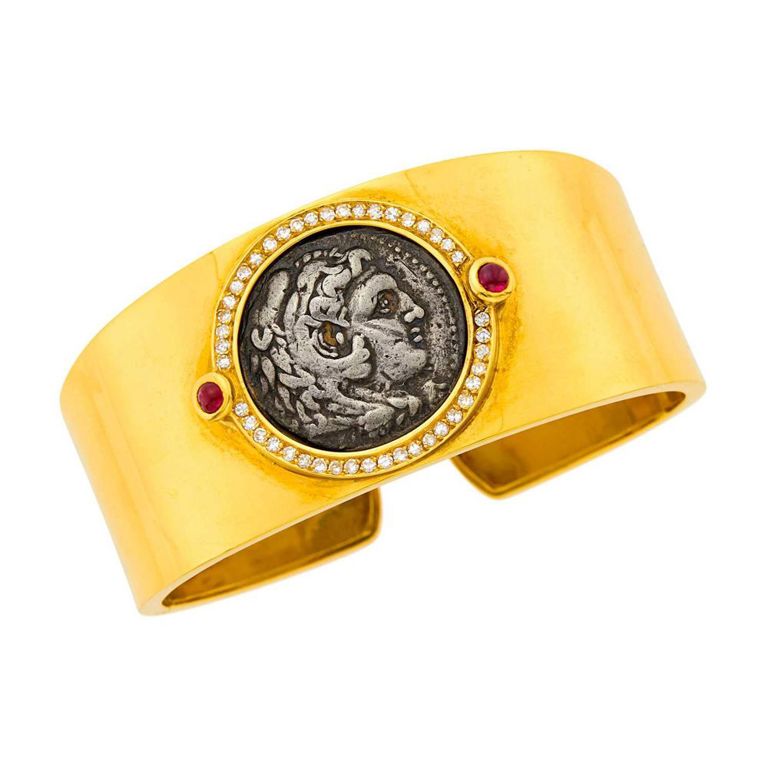 18k gold silver coin diamond and cabochon ruby cuff bangle bracelet
