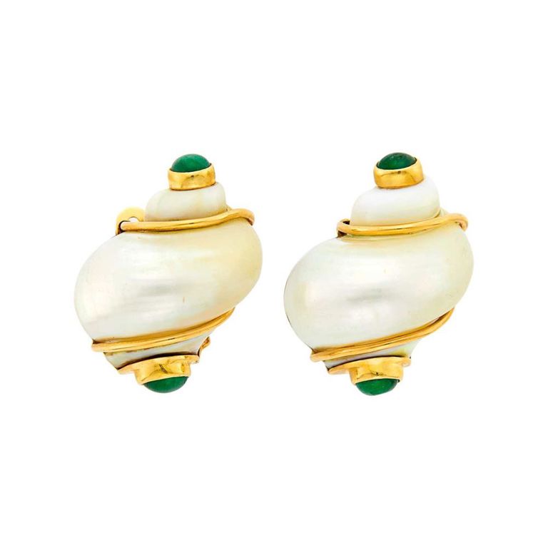 14k gold SeaMen Schepps earclips with shell and cabochon emeralds