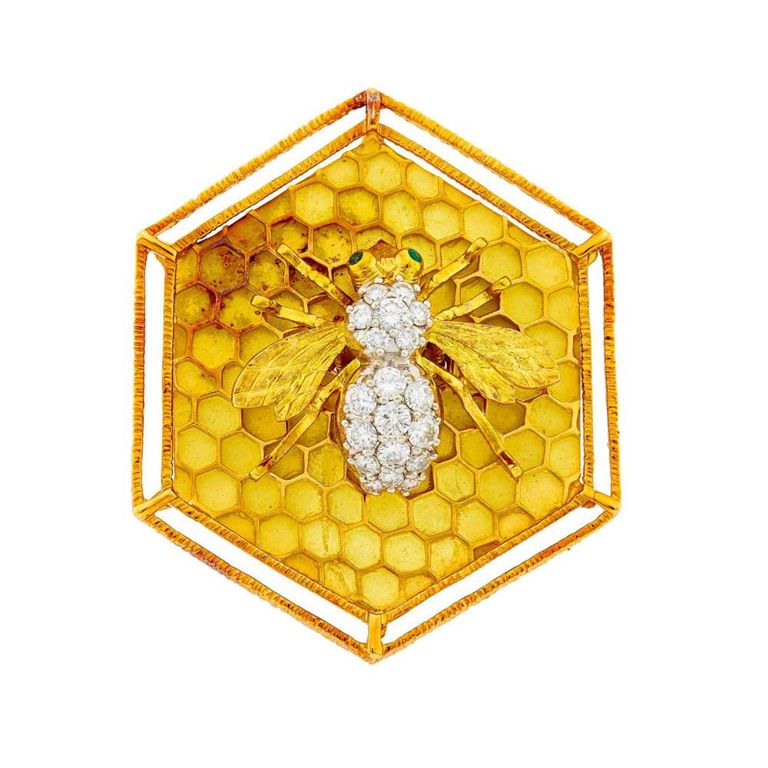 18k two-color gold diamond bee honeycomb pendant-brooch