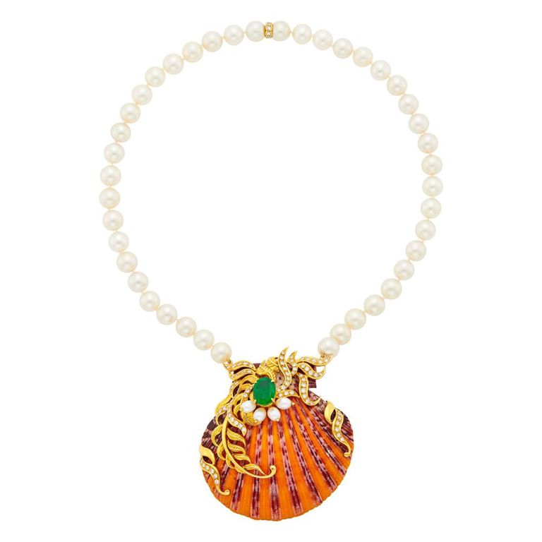 Gold necklace with pearls, shell, emerald and diamonds