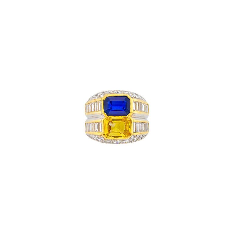 18k two-color gold multicolored sapphire and diamond double band ring