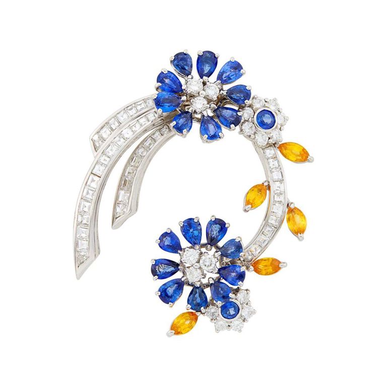 18k white gold multicolored sapphire and diamond clip-brooch