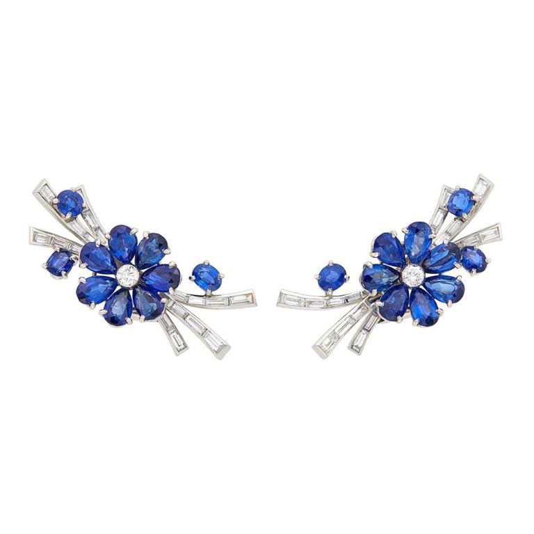 Platinum sapphire and diamond flower spray earclips