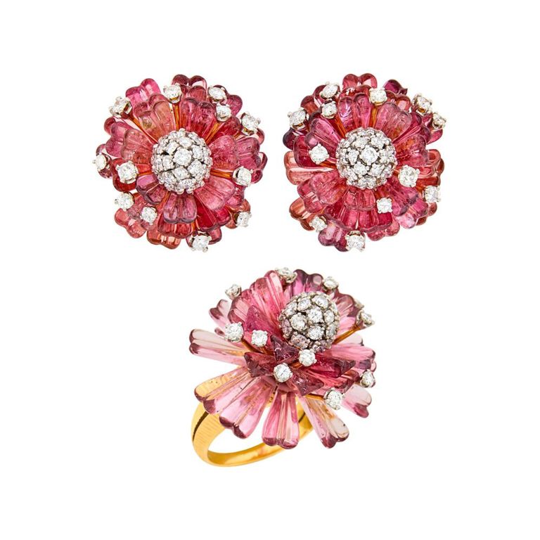 18k gold platinum pink tourmaline and diamond flower earclips and ring