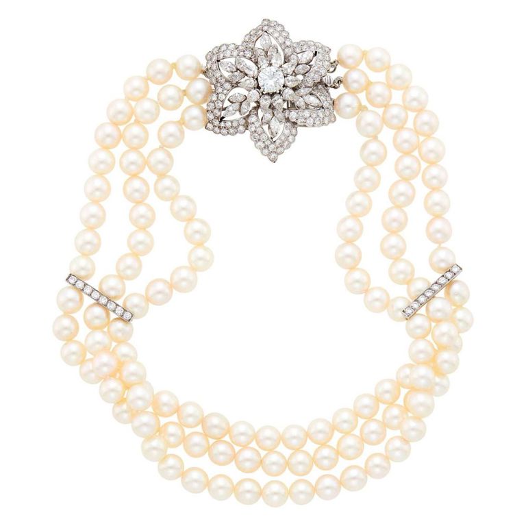 Platinum diamond triple strand cultured pearl necklace