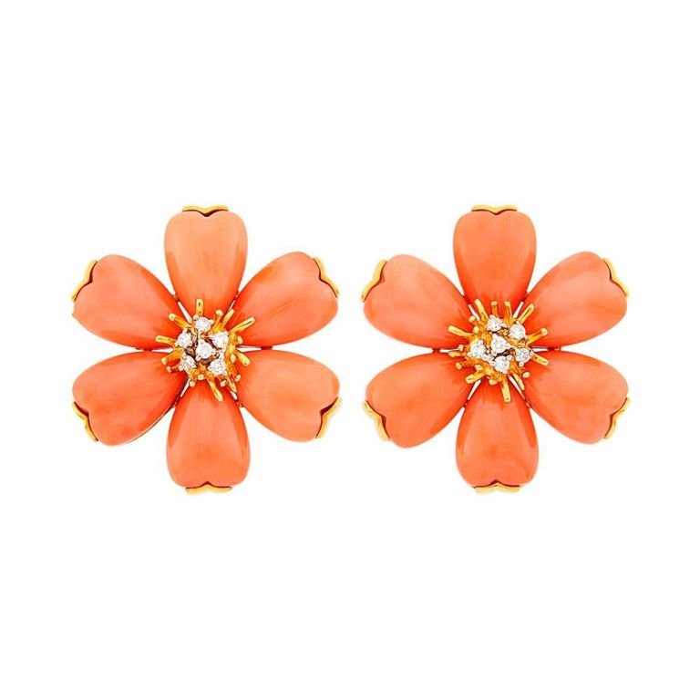 18k gold earclips with coral and diamonds