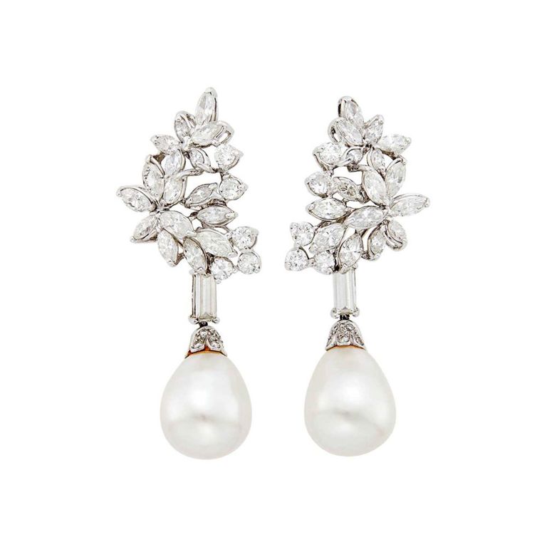 14k white gold diamond cultured pearl pendant-earrings